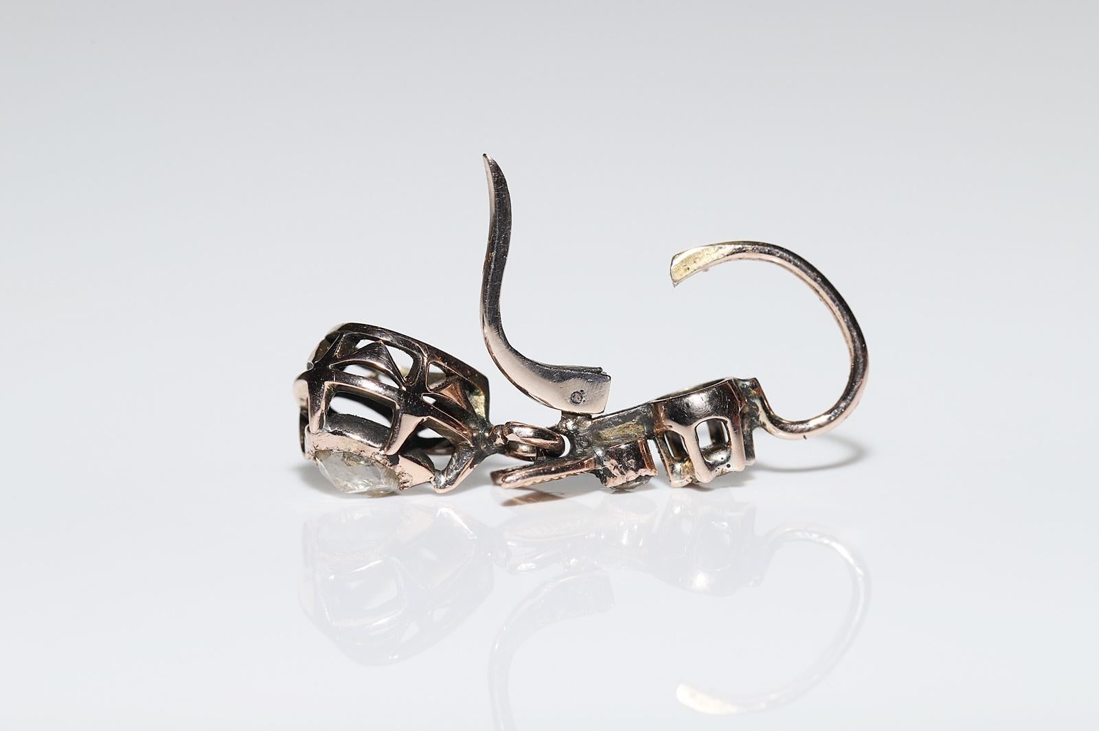 Antiker Ottomane Circa 1900er Jahre 8k Gold Natürlicher Rosenschliff Diamant-Tropfen-Ohrring 3