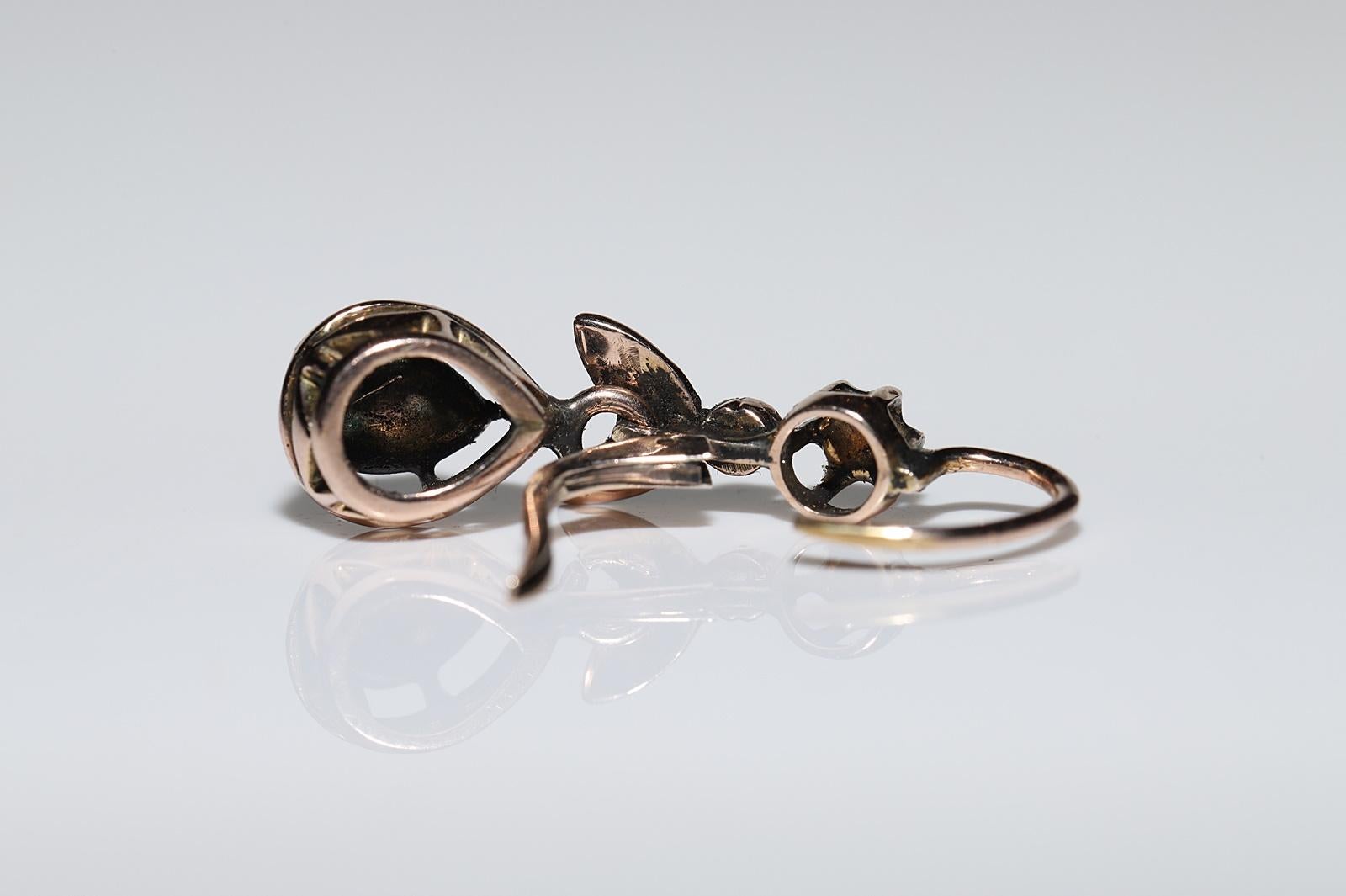 Antiker Ottomane Circa 1900er Jahre 8k Gold Natürlicher Rosenschliff Diamant-Tropfen-Ohrring 4