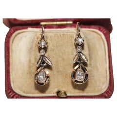 Antique Ottoman Circa 1900s 8k Gold Natural Rose Cut Diamond Drop Earring