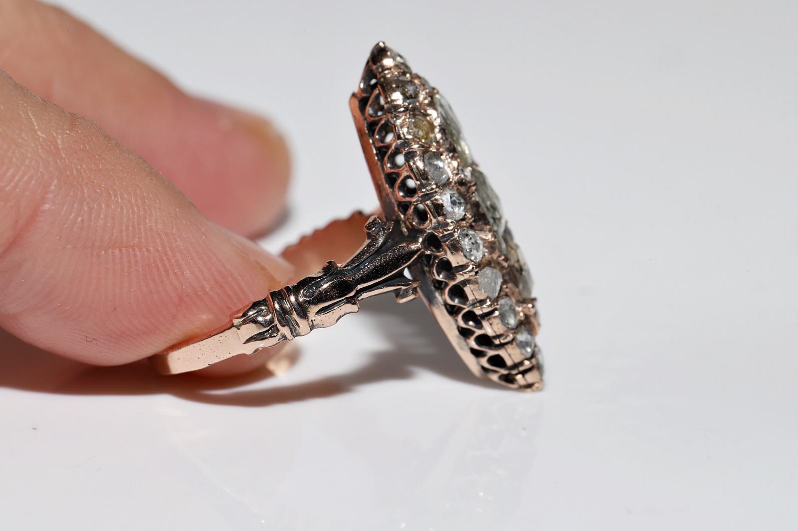 Antique Ottoman Circa 1900s 8k Gold Natural Rose Cut Diamond Navette Ring For Sale 5