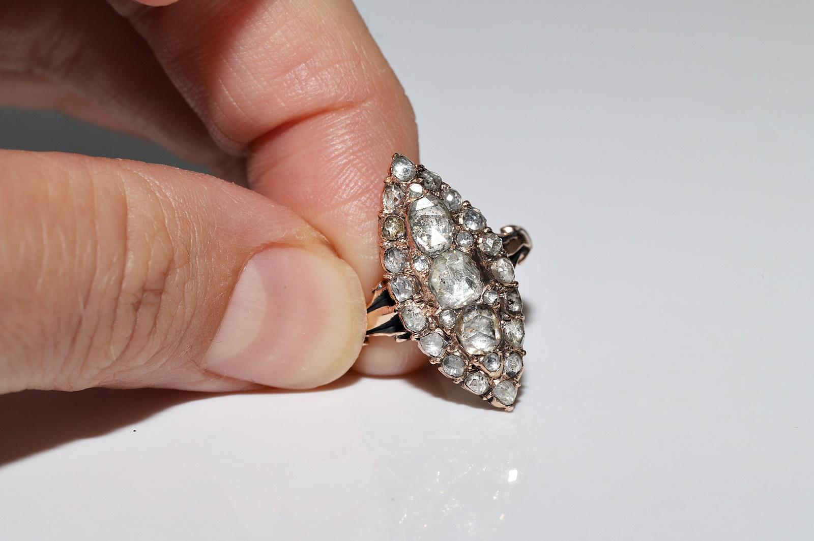 Antiker Ottomane Circa 1900er Jahre 8k Gold Natürlicher Rosenschliff Diamant Navette Ring im Angebot 10