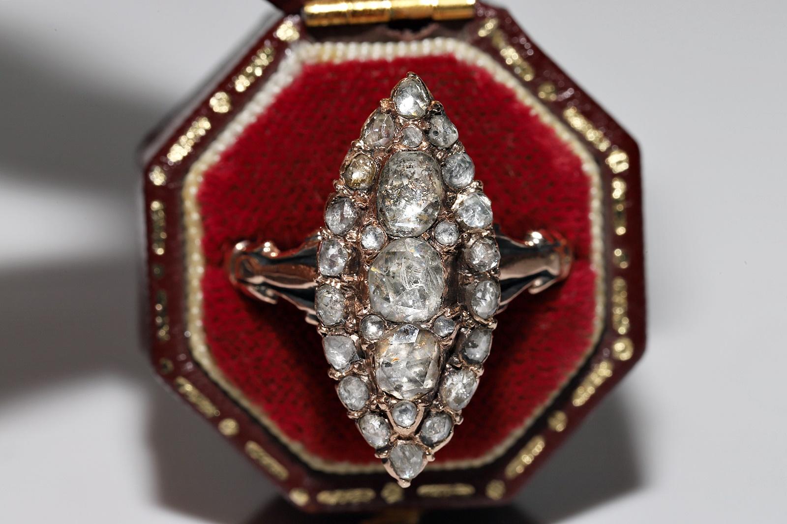Women's Antique Ottoman Circa 1900s 8k Gold Natural Rose Cut Diamond Navette Ring For Sale