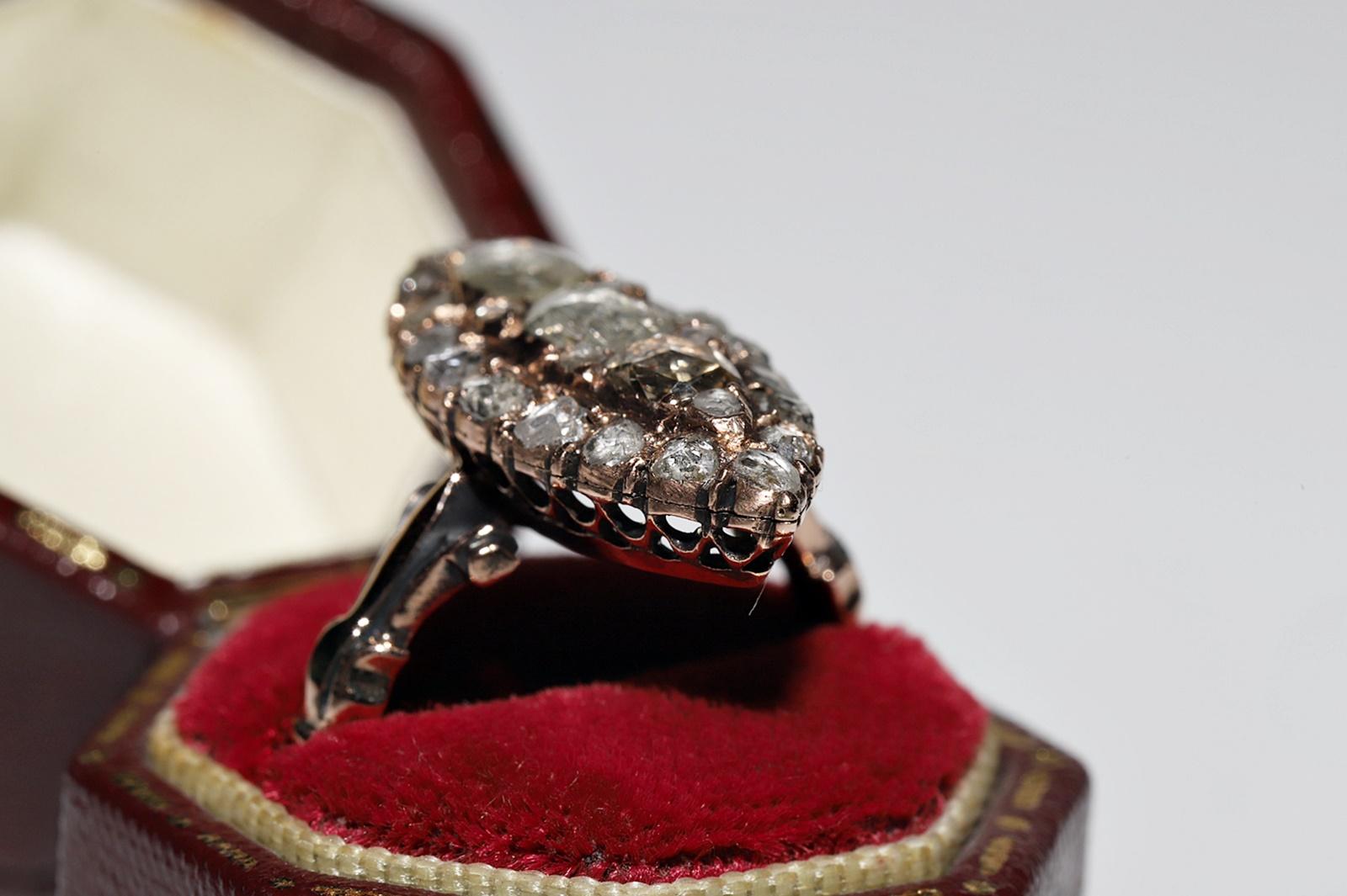 Antique Ottoman Circa 1900s 8k Gold Natural Rose Cut Diamond Navette Ring For Sale 1