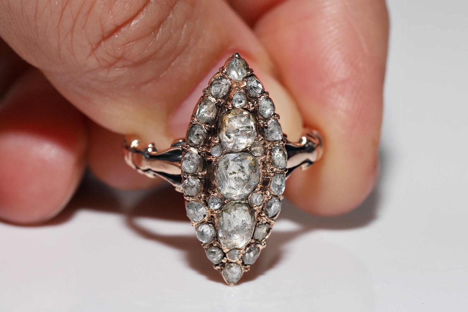 Antique Ottoman Circa 1900s 8k Gold Natural Rose Cut Diamond Navette Ring For Sale 3
