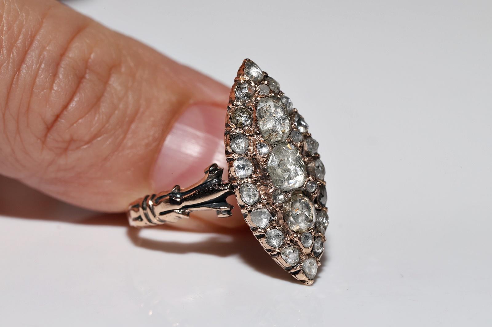 Antique Ottoman Circa 1900s 8k Gold Natural Rose Cut Diamond Navette Ring For Sale 4