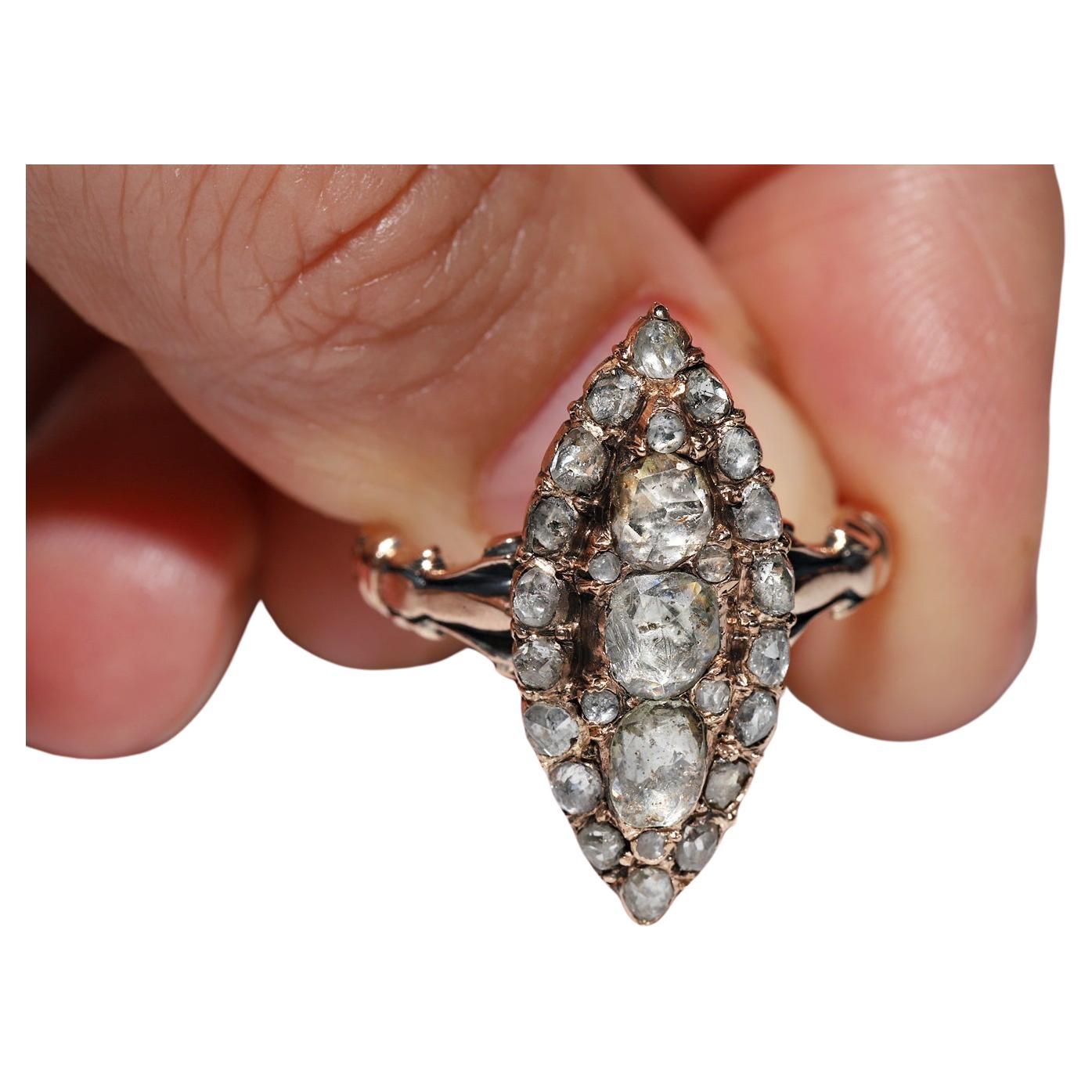 Antique Ottoman Circa 1900s 8k Gold Natural Rose Cut Diamond Navette Ring For Sale