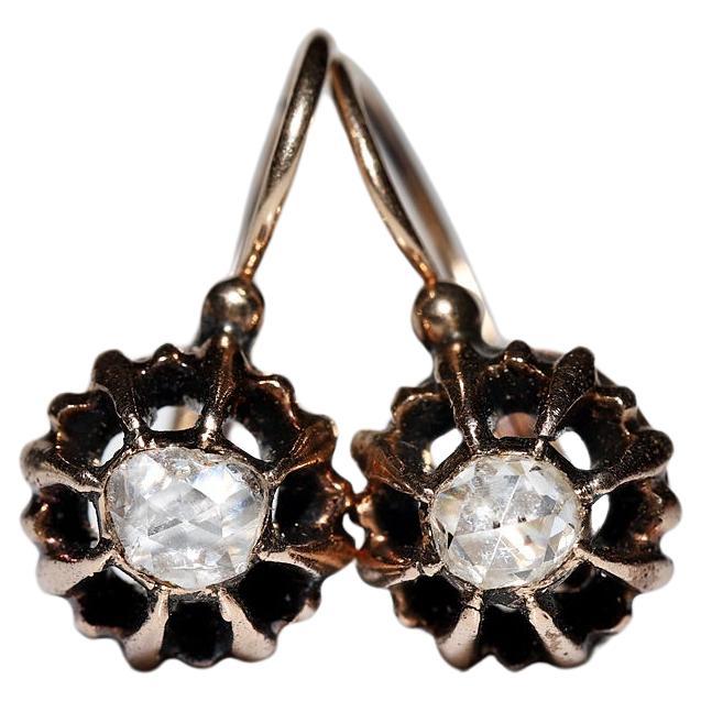 Antique Ottoman Circa 1900s 8k Gold Natural Rose Cut Diamond Solitaire Earring  For Sale