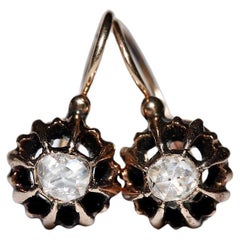 Antique Ottoman Circa 1900s 8k Gold Natural Rose Cut Diamond Solitaire Earring 