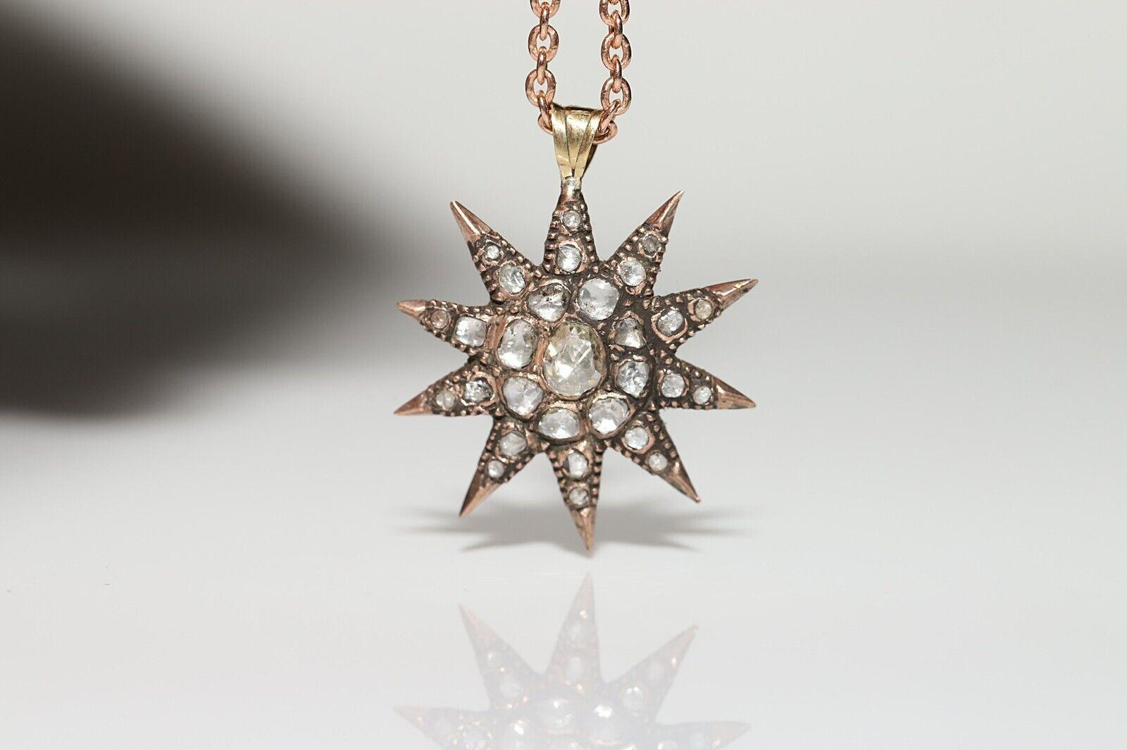 Antique Ottoman Circa 1900s 8k Gold Natural Rose Cut Diamond Star Pendant  In Good Condition In Fatih/İstanbul, 34