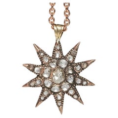 Antique Ottoman Circa 1900s 8k Gold Natural Rose Cut Diamond Star Pendant 