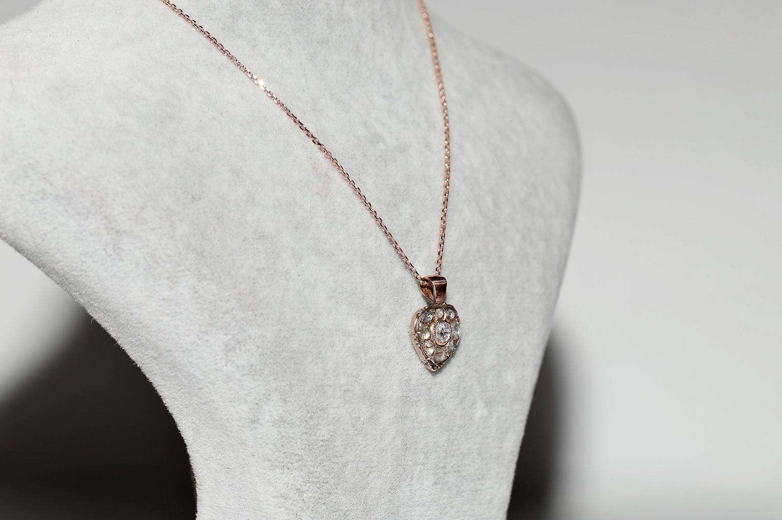 Women's Antique Ottoman Circa 1900s 8k Gold Natural Rose Cut Heart Pendant Necklace  For Sale
