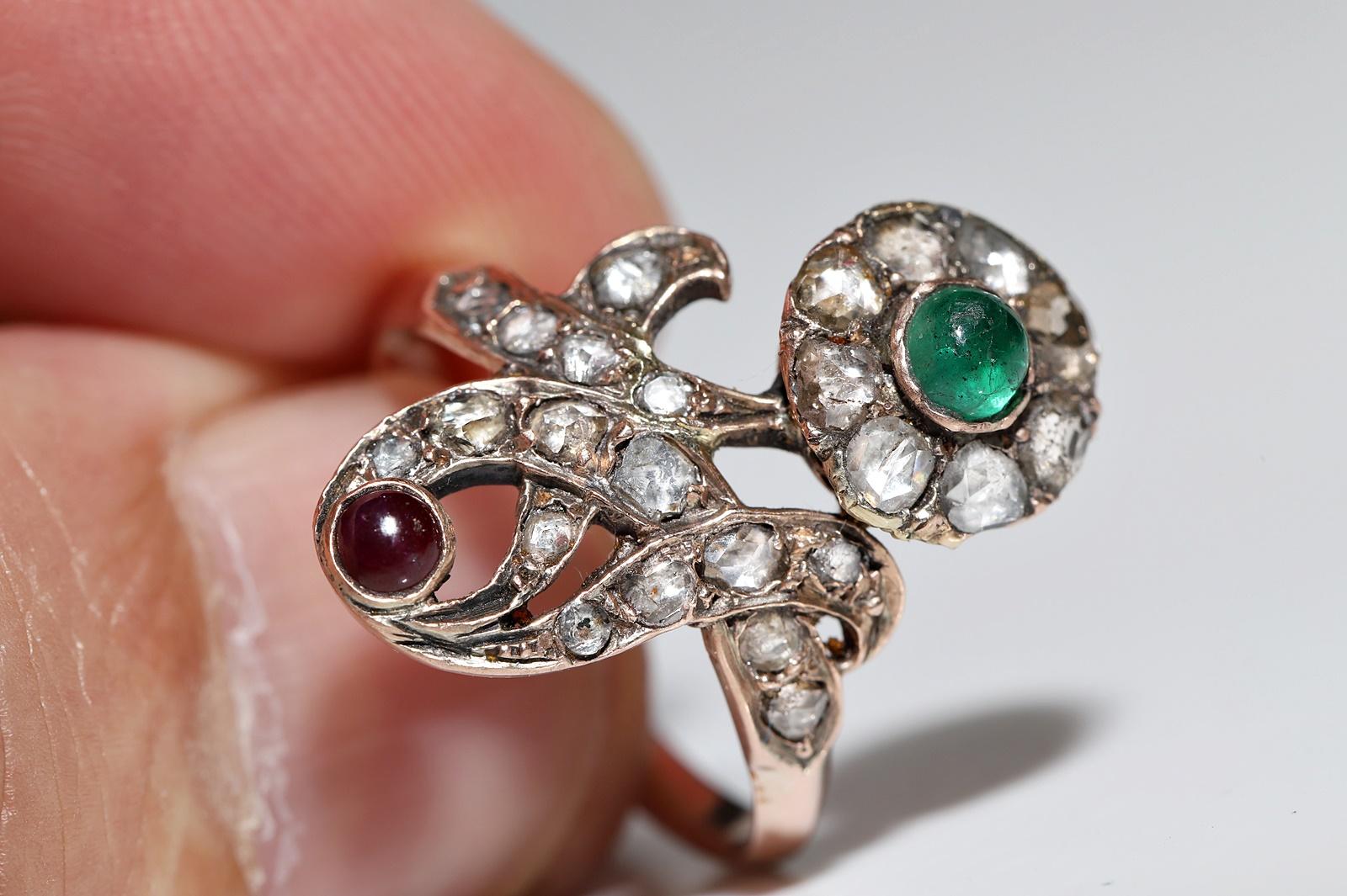 Antique Ottoman Circa 1900s 8k Natural Rose Cut Diamond And Emerald Ruby Ring For Sale 6