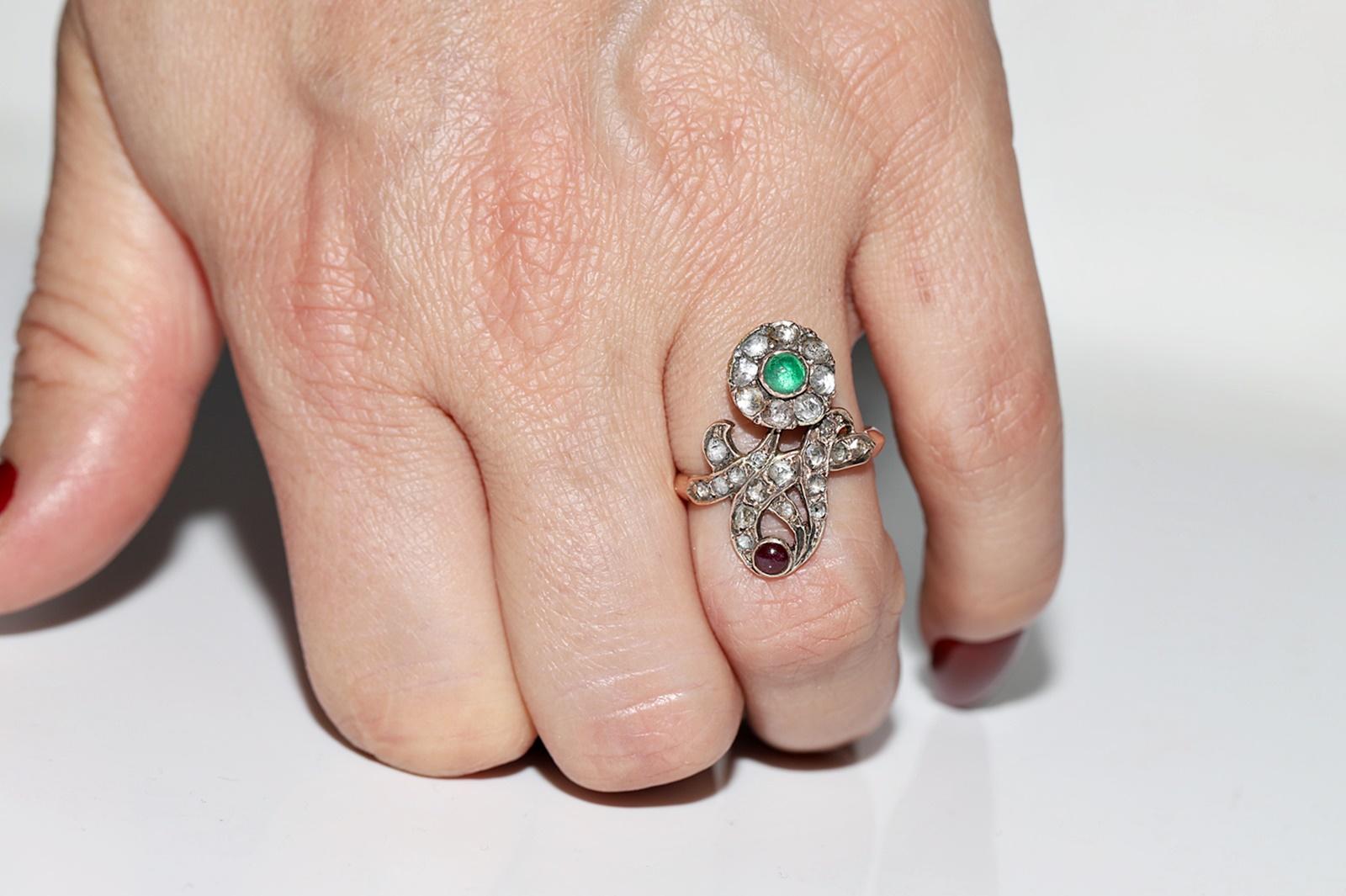 Victorian Antique Ottoman Circa 1900s 8k Natural Rose Cut Diamond And Emerald Ruby Ring For Sale
