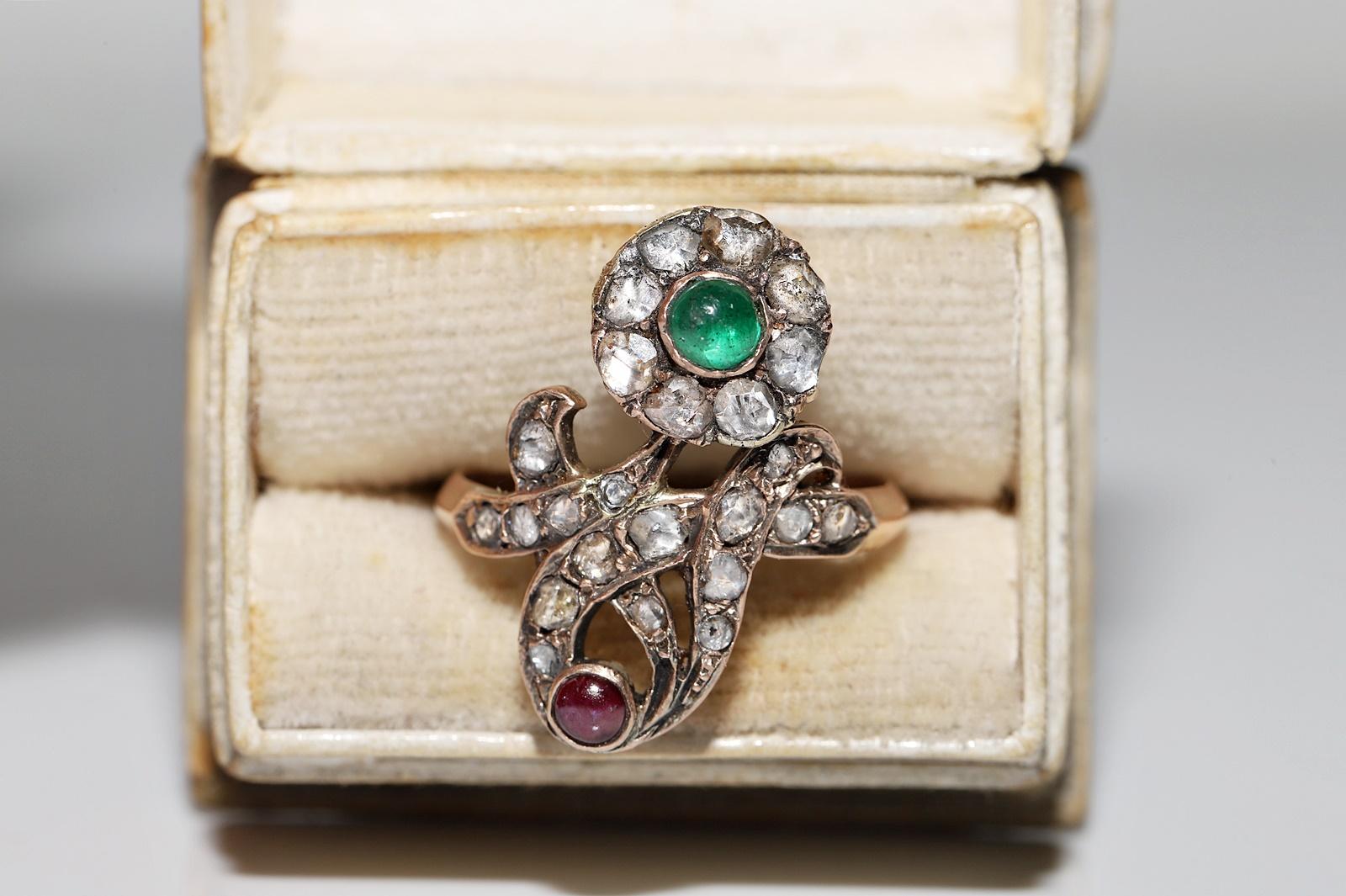 Women's Antique Ottoman Circa 1900s 8k Natural Rose Cut Diamond And Emerald Ruby Ring For Sale