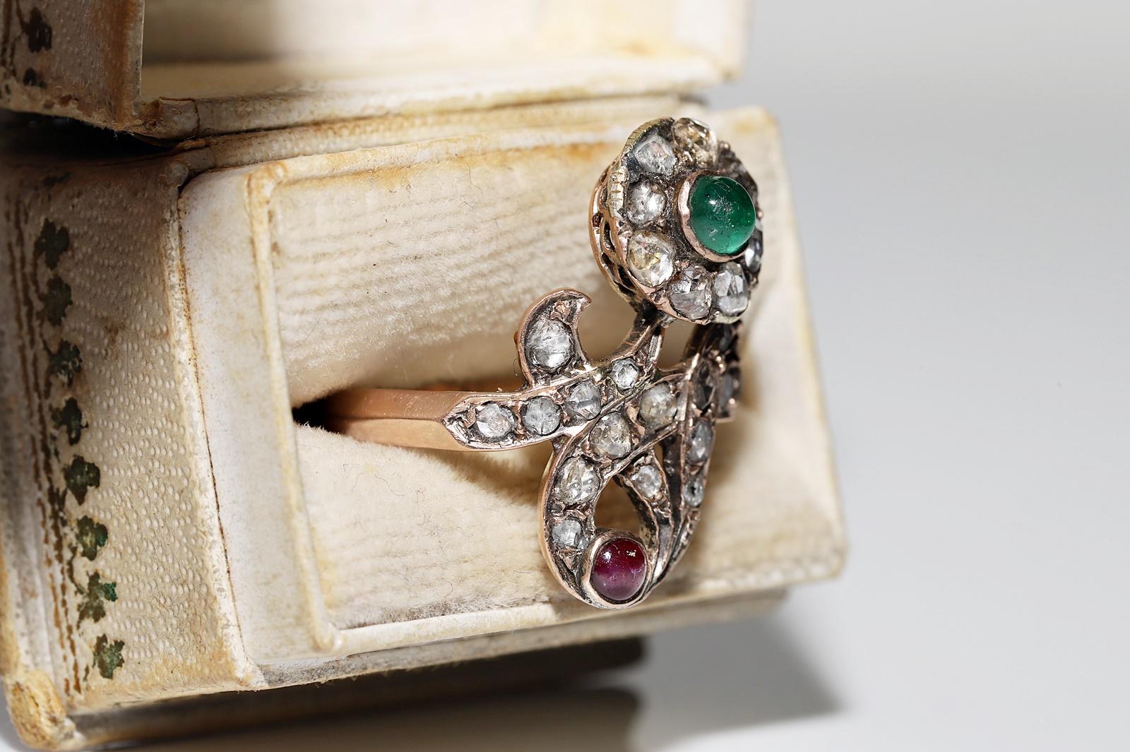 Antique Ottoman Circa 1900s 8k Natural Rose Cut Diamond And Emerald Ruby Ring For Sale 1