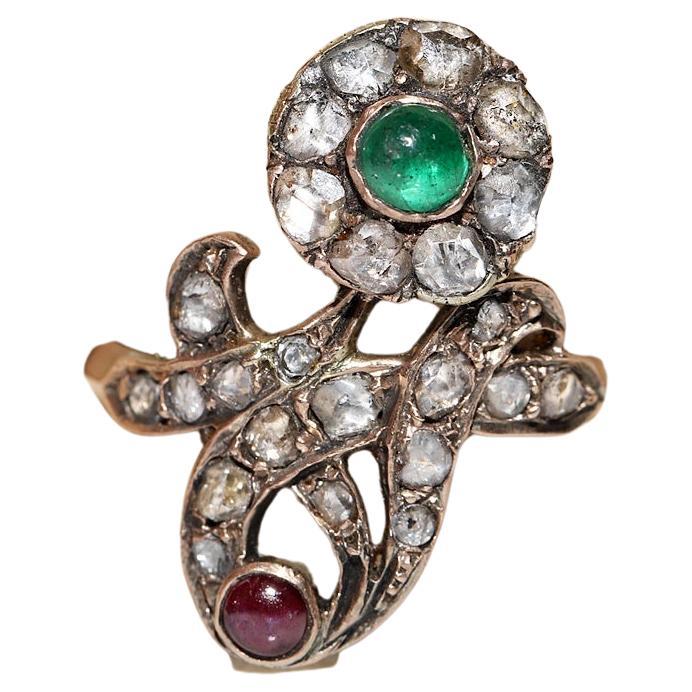 Antique Ottoman Circa 1900s 8k Natural Rose Cut Diamond And Emerald Ruby Ring For Sale