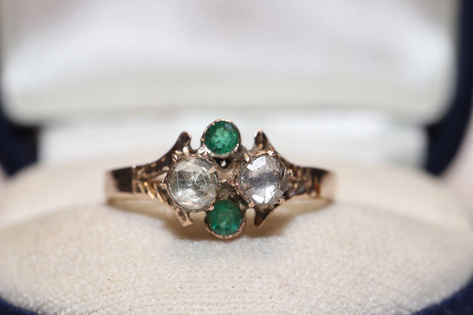 Women's Antique Ottoman  Circa 1900s 9k Gold Natural Rose Cut Diamond And Emerald Ring  For Sale