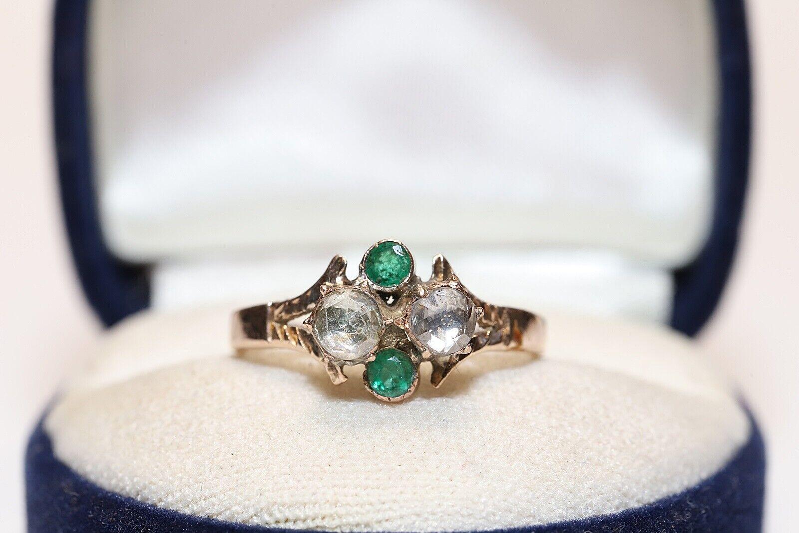 Antique Ottoman  Circa 1900s 9k Gold Natural Rose Cut Diamond And Emerald Ring  For Sale 1