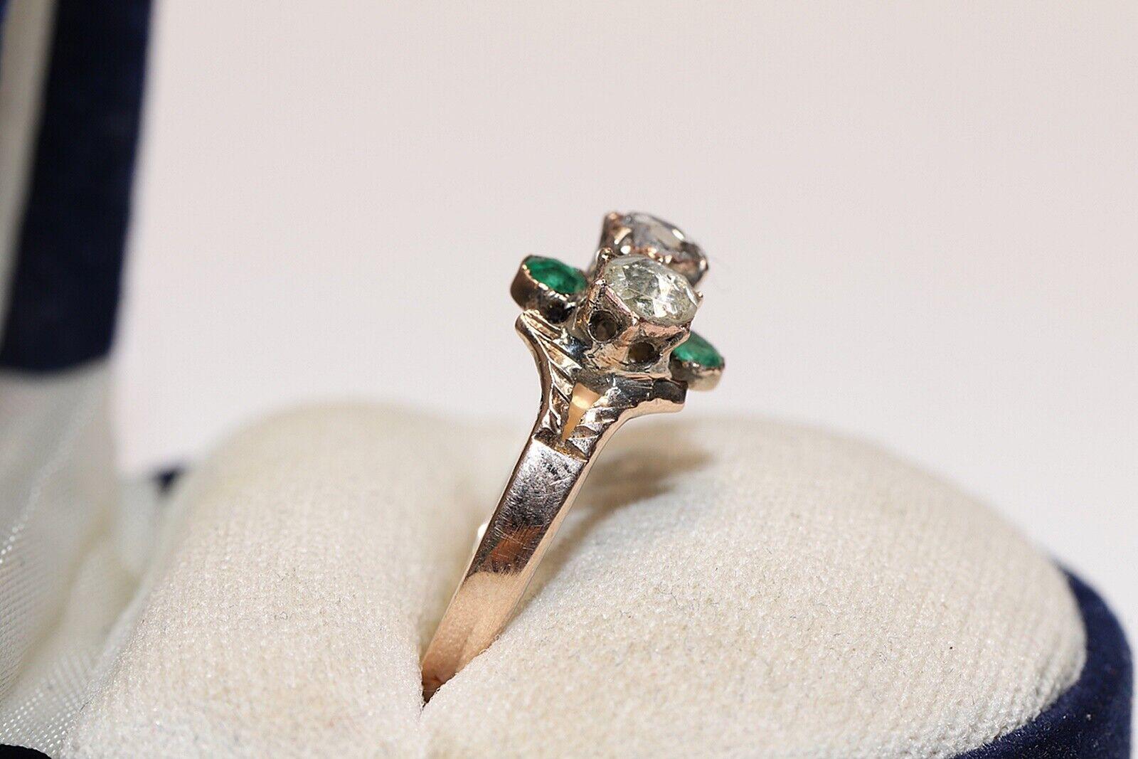 Antique Ottoman  Circa 1900s 9k Gold Natural Rose Cut Diamond And Emerald Ring  For Sale 2