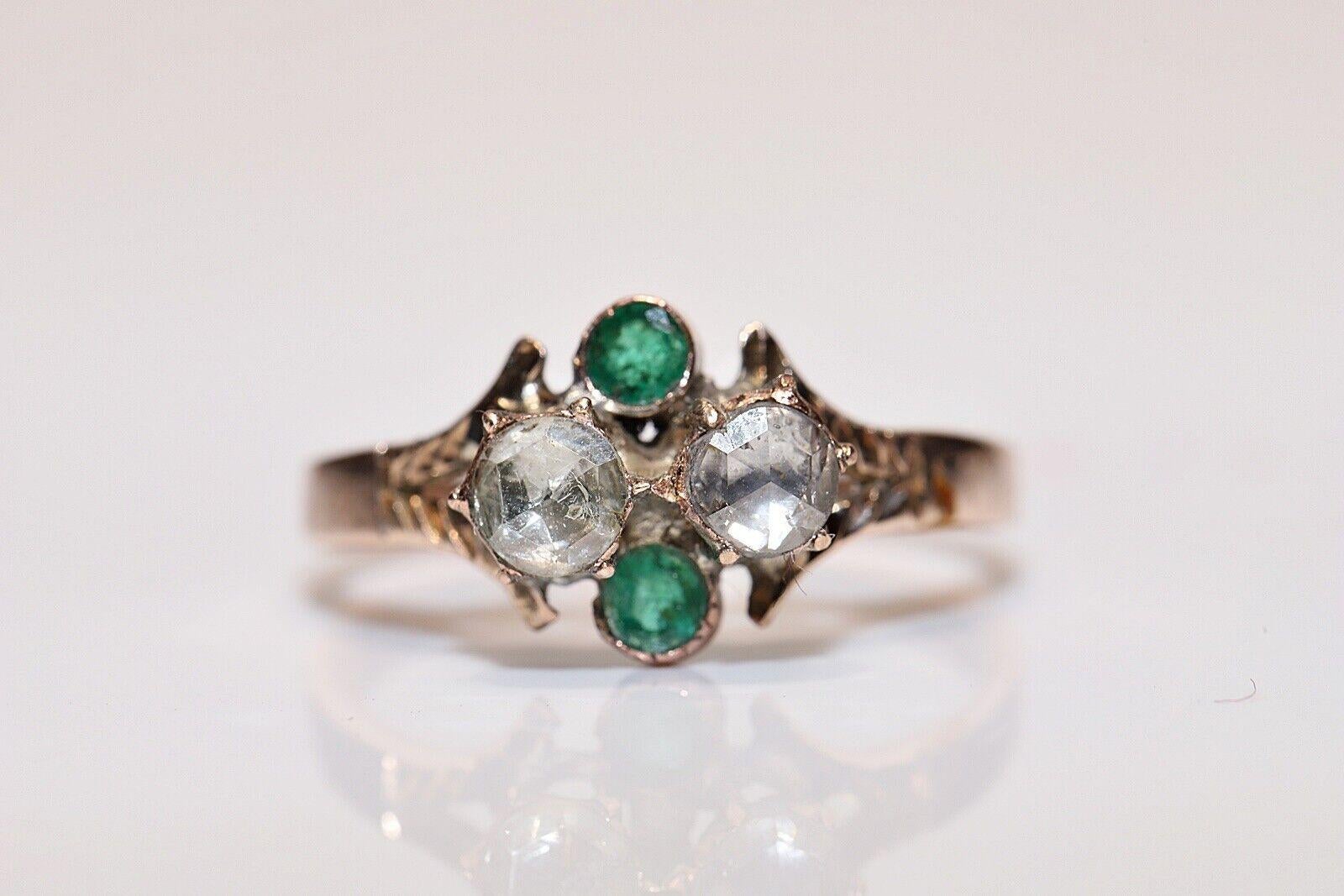 Antique Ottoman  Circa 1900s 9k Gold Natural Rose Cut Diamond And Emerald Ring  For Sale 4