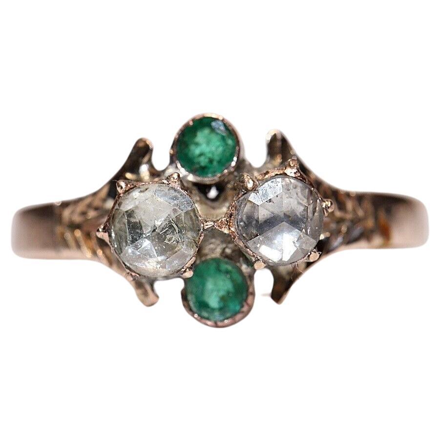 Antique Ottoman  Circa 1900s 9k Gold Natural Rose Cut Diamond And Emerald Ring  For Sale