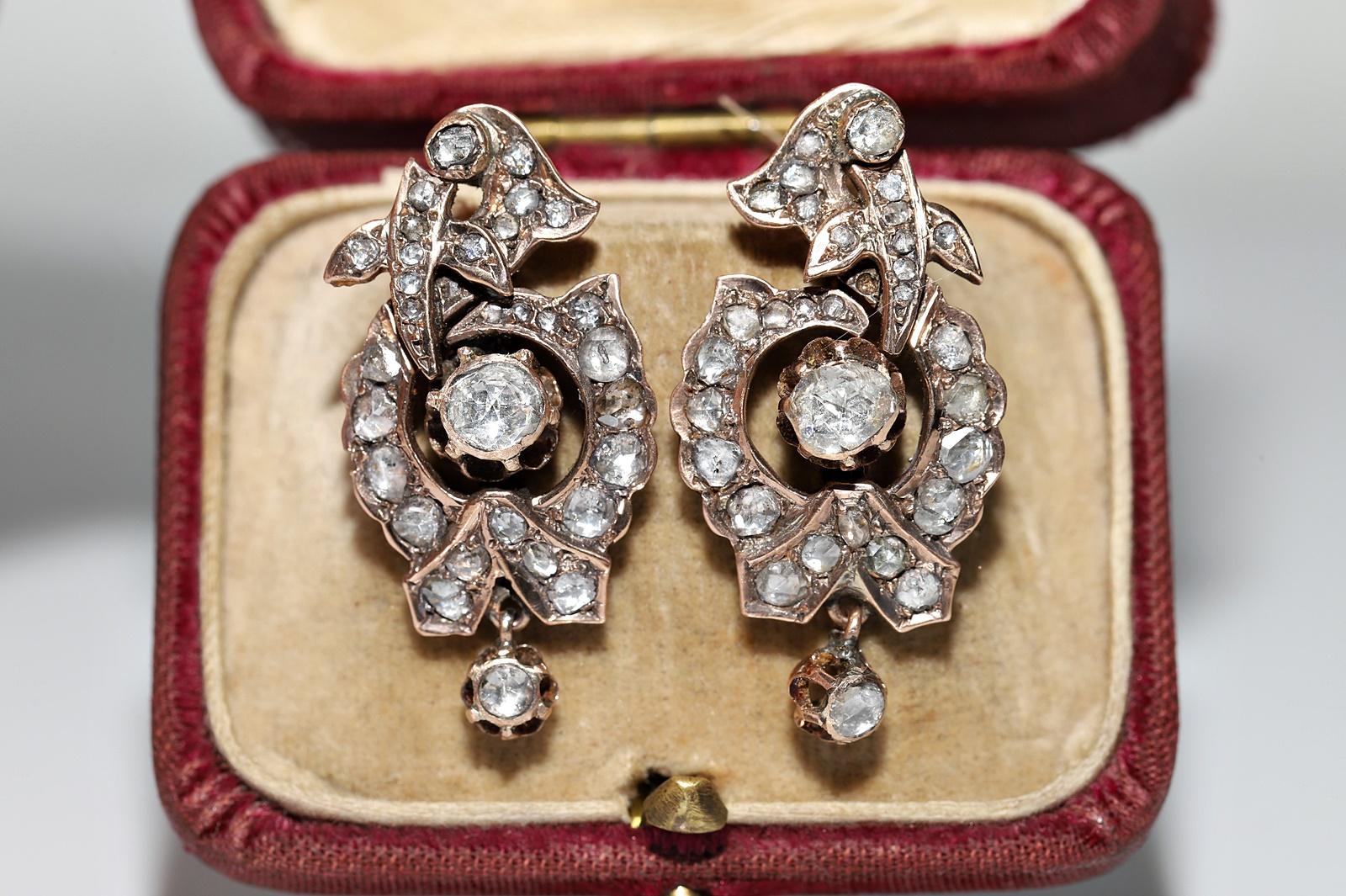Victorian Antique Ottoman Circa 1900s  Circa 8k Gold Natural Rose Cut Diamond  Earring For Sale