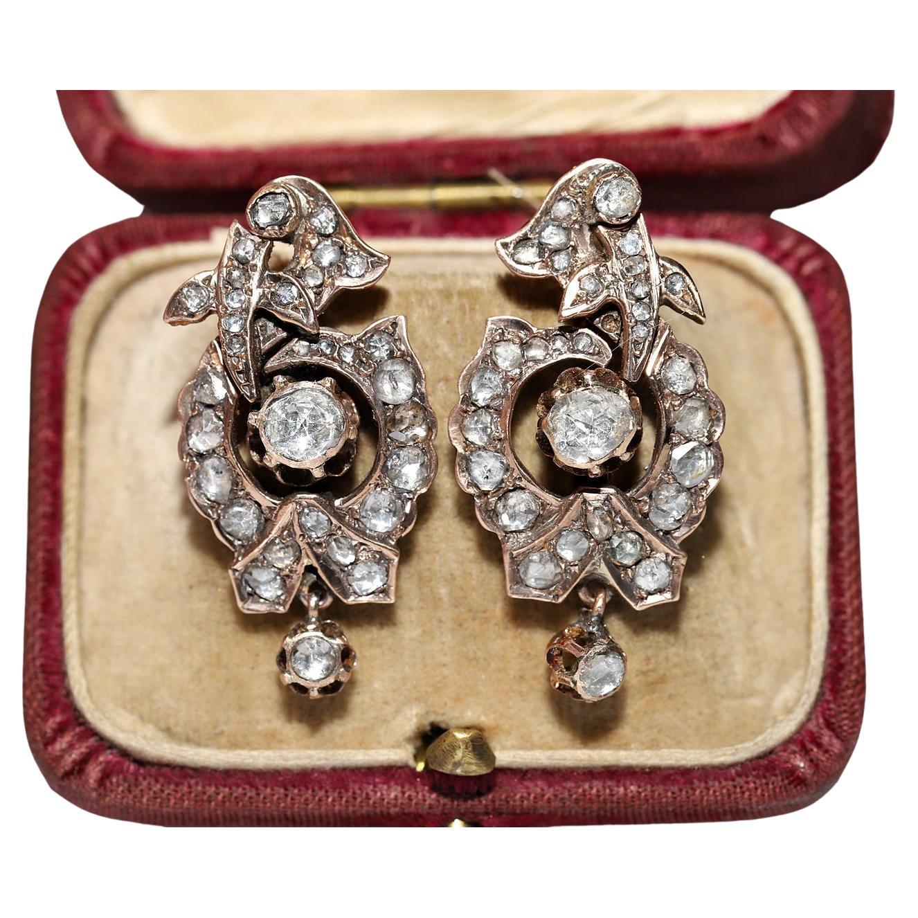 Antique Ottoman Circa 1900s  Circa 8k Gold Natural Rose Cut Diamond  Earring For Sale