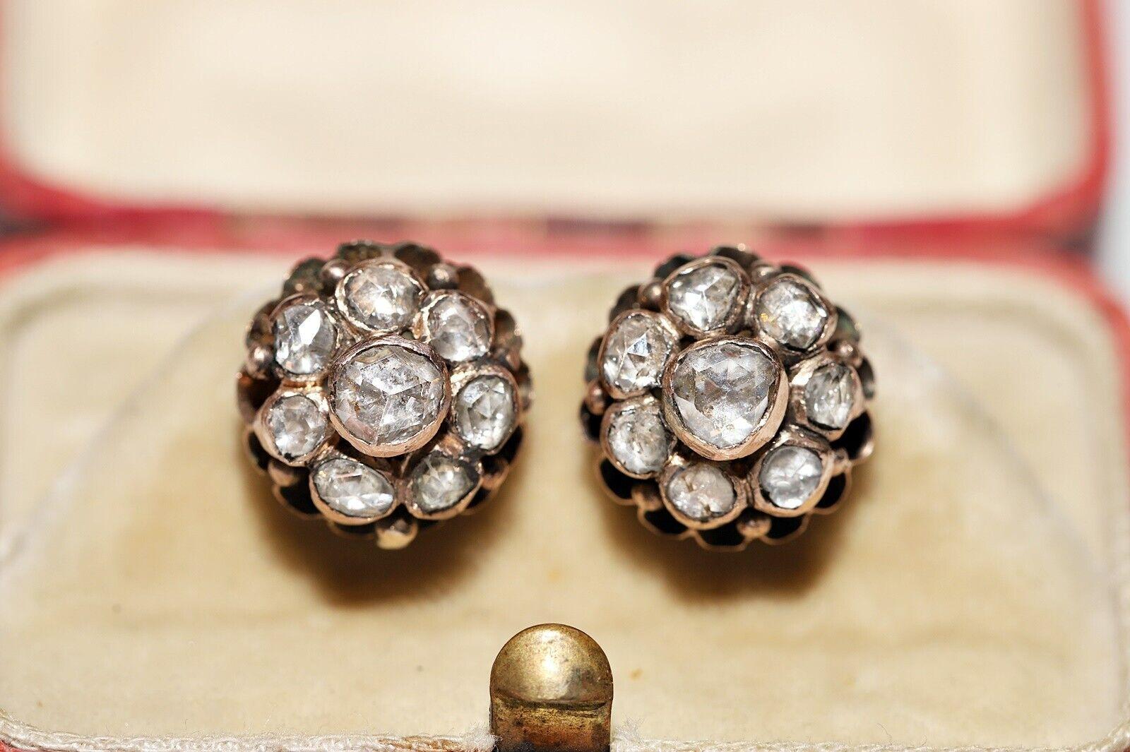 Antique Ottoman Circa 1900s 8k Gold Natural Rose Cut Diamond  Earring For Sale 5