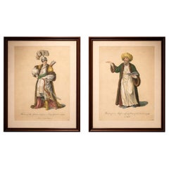Antique Ottoman Costume Prints Pair, Body Guard & Mufti, Hand Colored c.1749