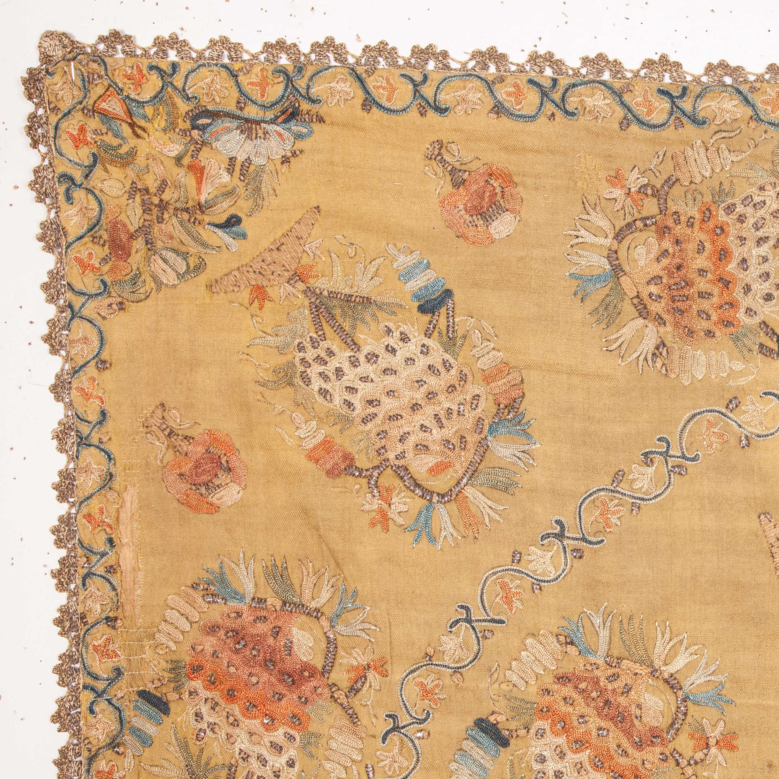 Suzani Antique Ottoman Embroidery on Pashmina Wool Cloth, Mid-19th Century