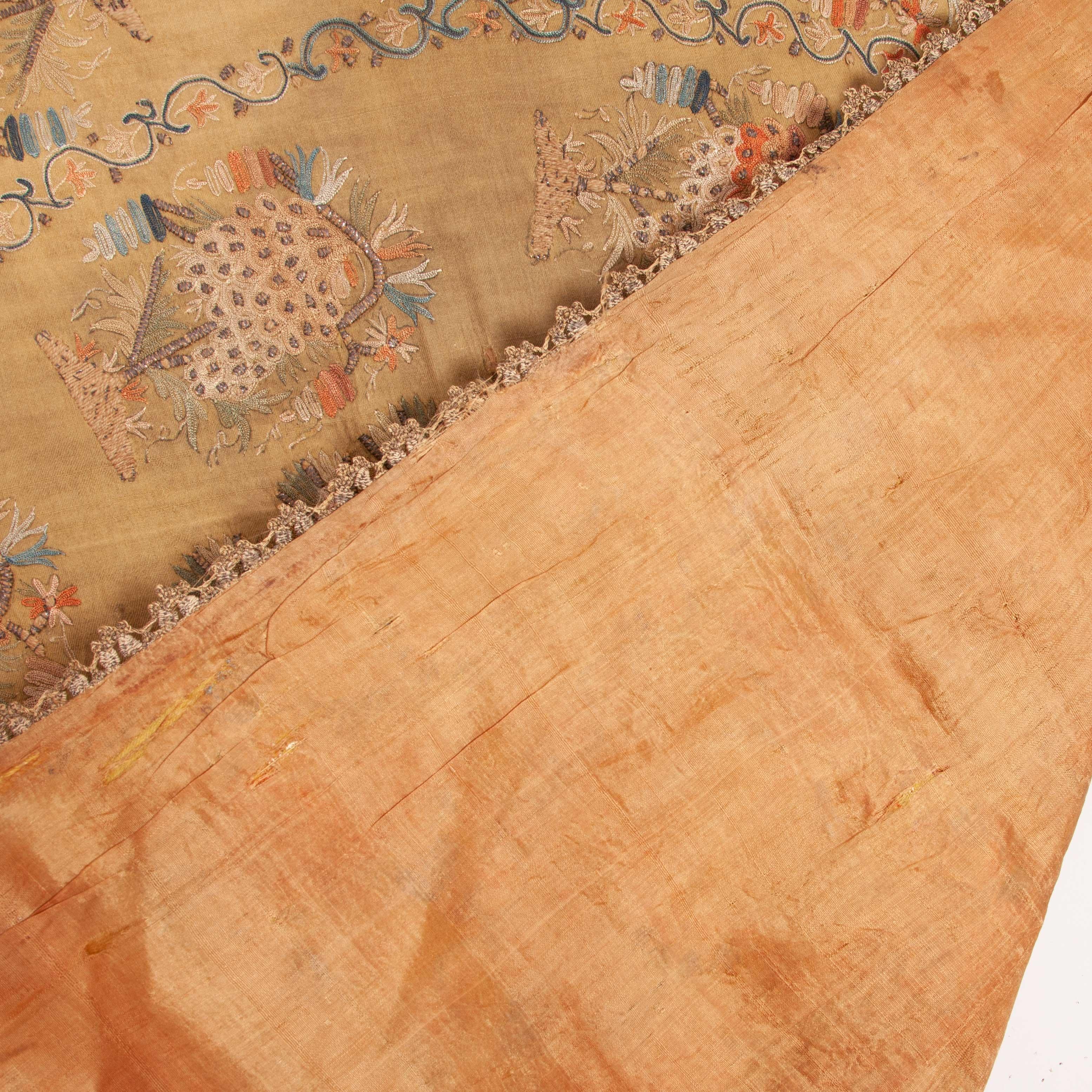 Silk Antique Ottoman Embroidery on Pashmina Wool Cloth, Mid-19th Century