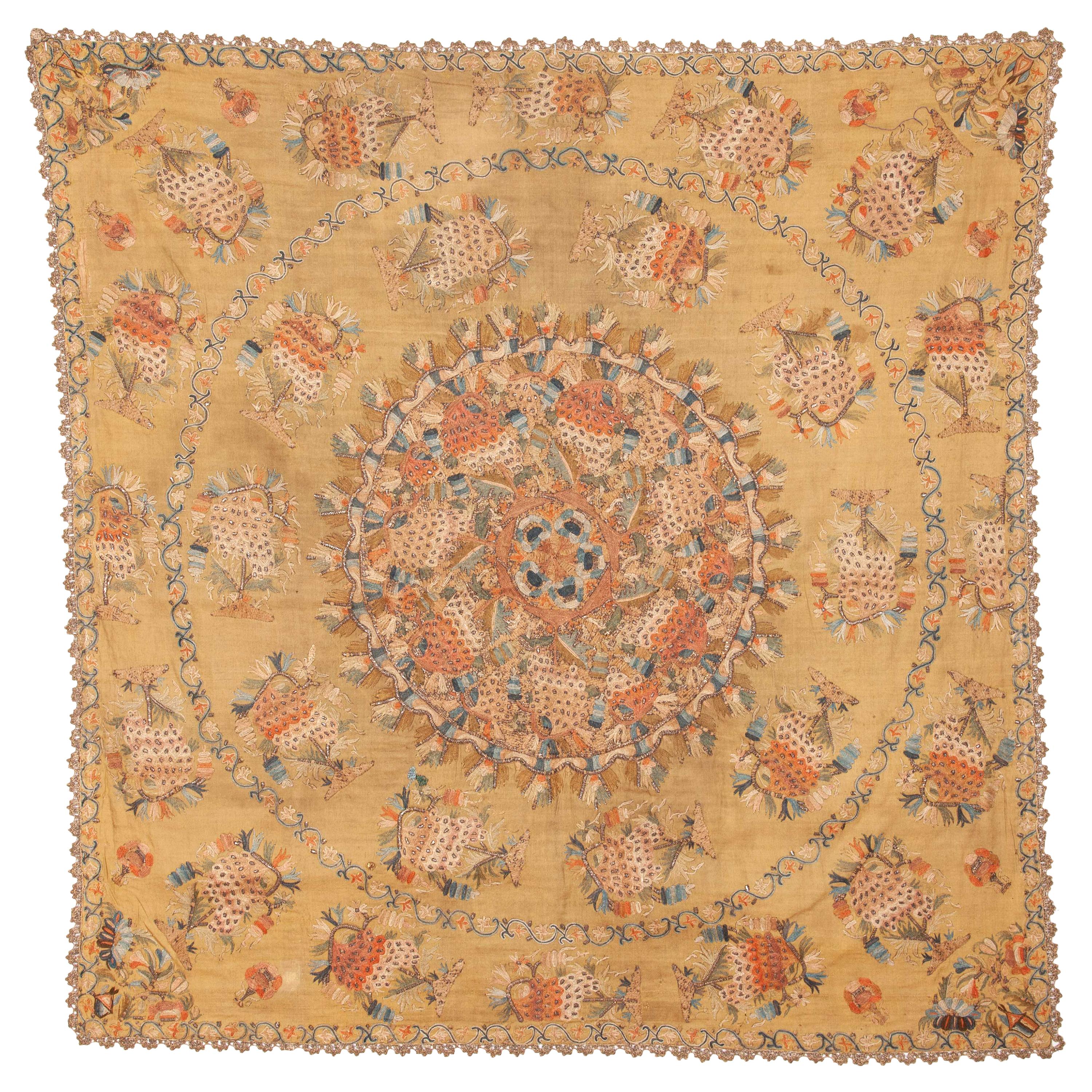 Antique Ottoman Embroidery on Pashmina Wool Cloth, Mid-19th Century