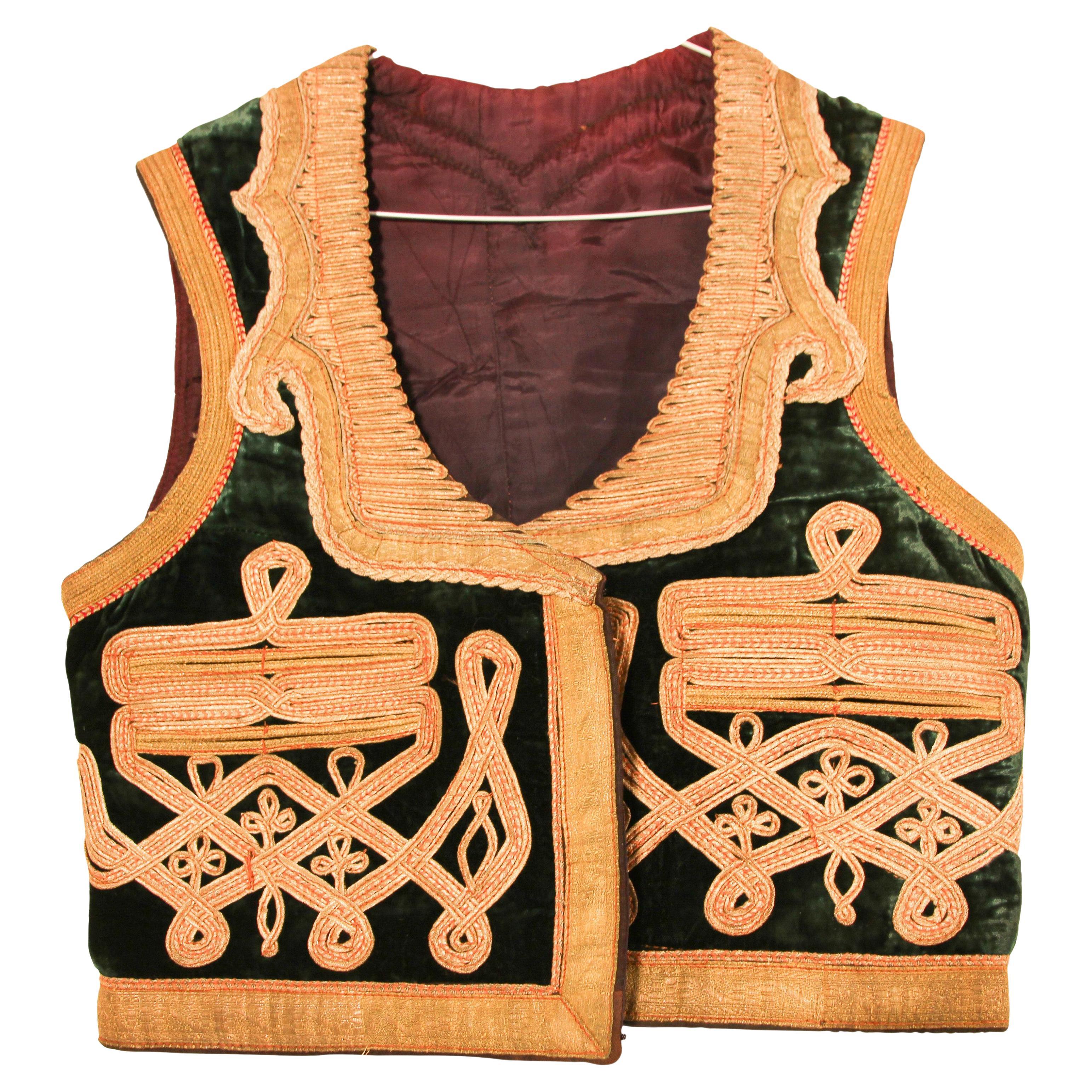 Antique Ottoman Emerald Green and Gold Thread Embroidered Vest For Sale