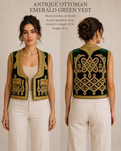 Antique Ottoman Emerald Green Velvet Vest with Gold Thread Embroidery