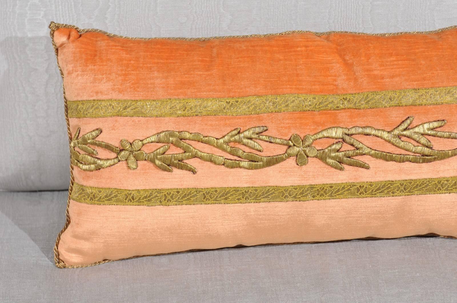 Contemporary Antique Ottoman Empire Raised Gold Metallic Embroidery on Melon Velvet Pillow