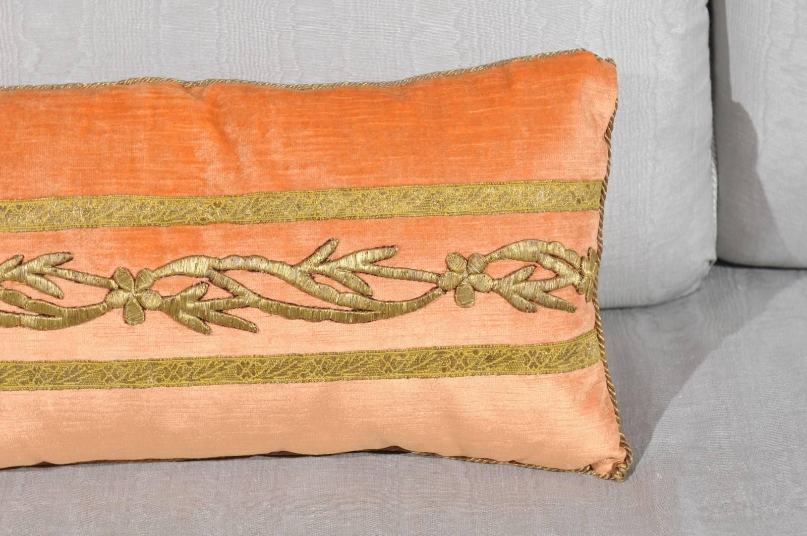 Antique Ottoman Empire Raised Gold Metallic Embroidery on Melon Velvet Pillow 1
