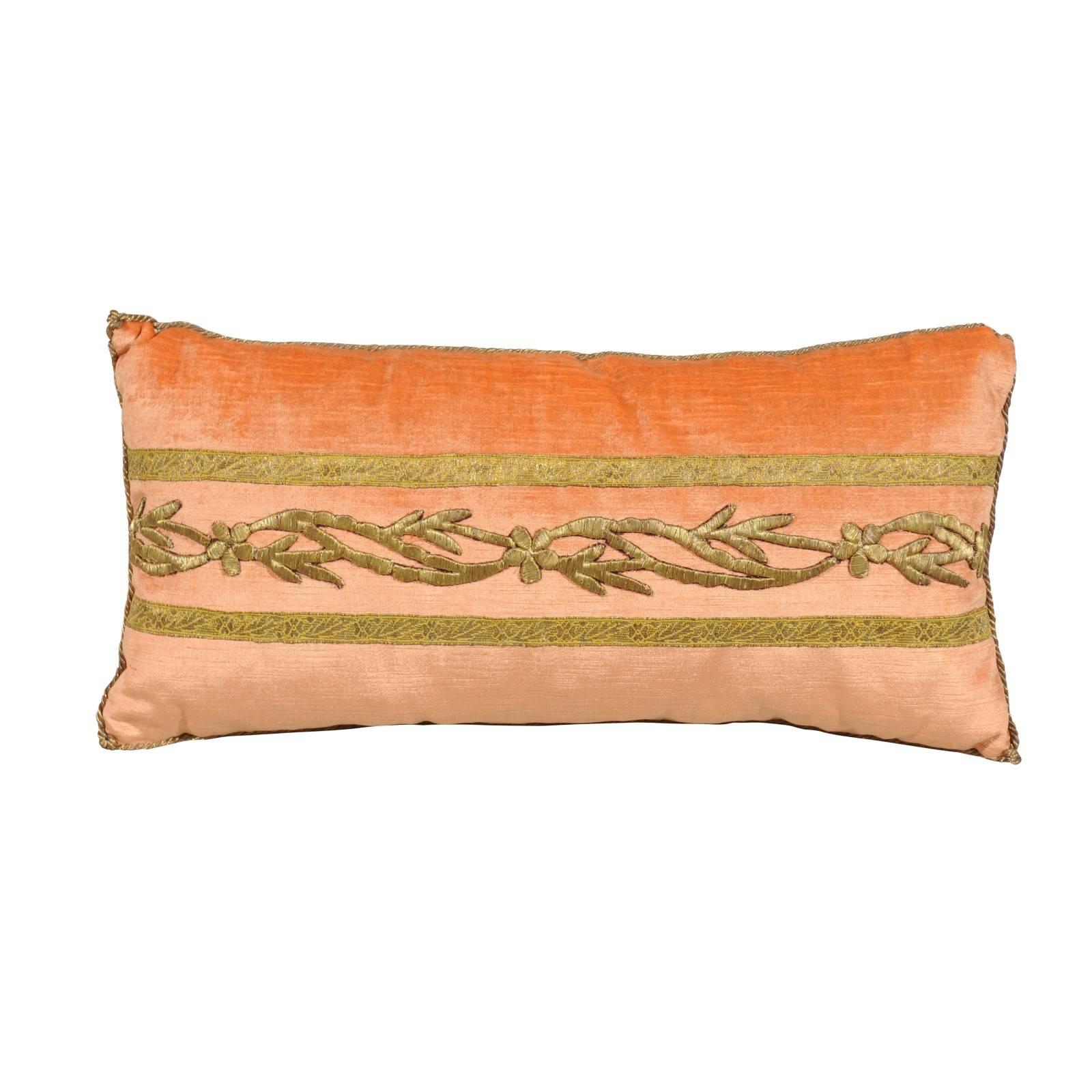 Antique Ottoman Empire Raised Gold Metallic Embroidery on Melon Velvet Pillow