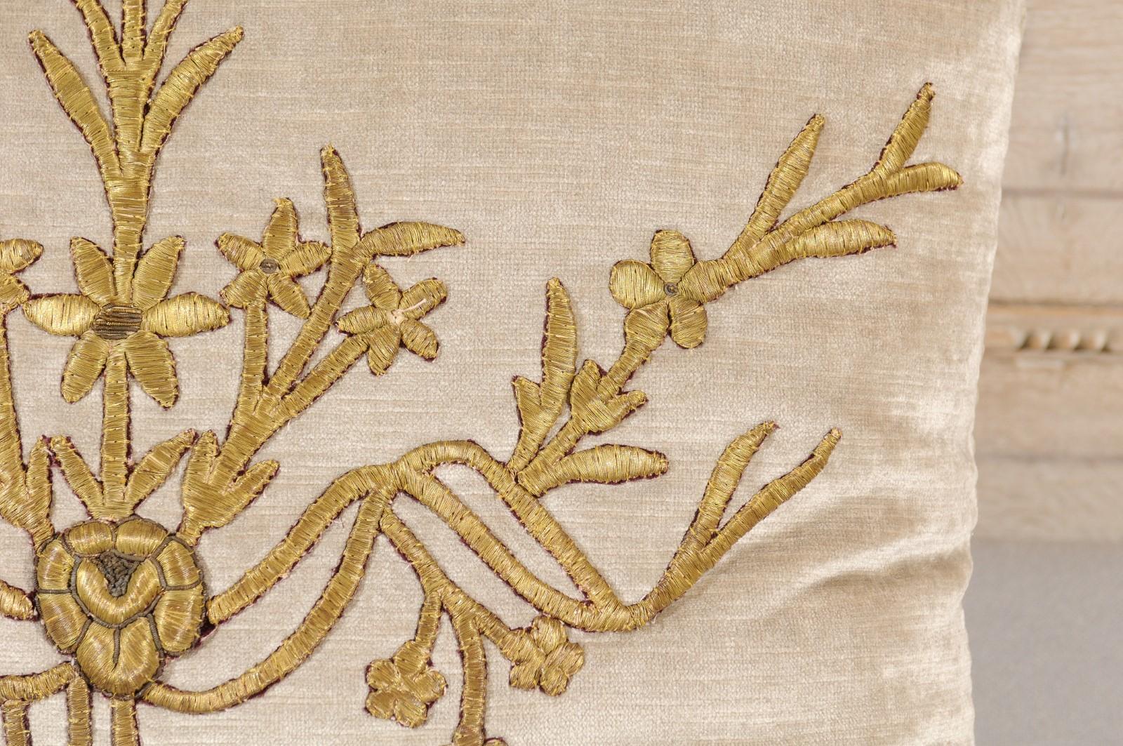 Antique Ottoman Empire Raised Gold Metallic Embroidery on Silver Velvet Pillows For Sale 5