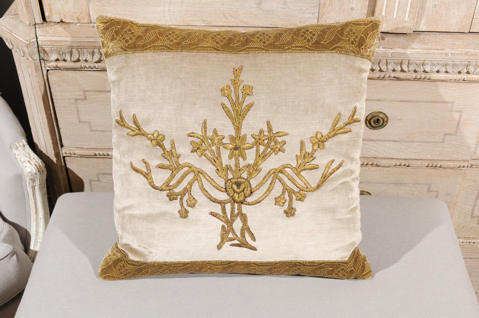 A pair of antique ottoman Empire raised gold metallic embroidery on silver velvet Bohça, made into down-filled pillows. Taken from a distressed Bohça (deriving from the Arabic word for package, a Bohça is a large square piece of cloth used to wrap
