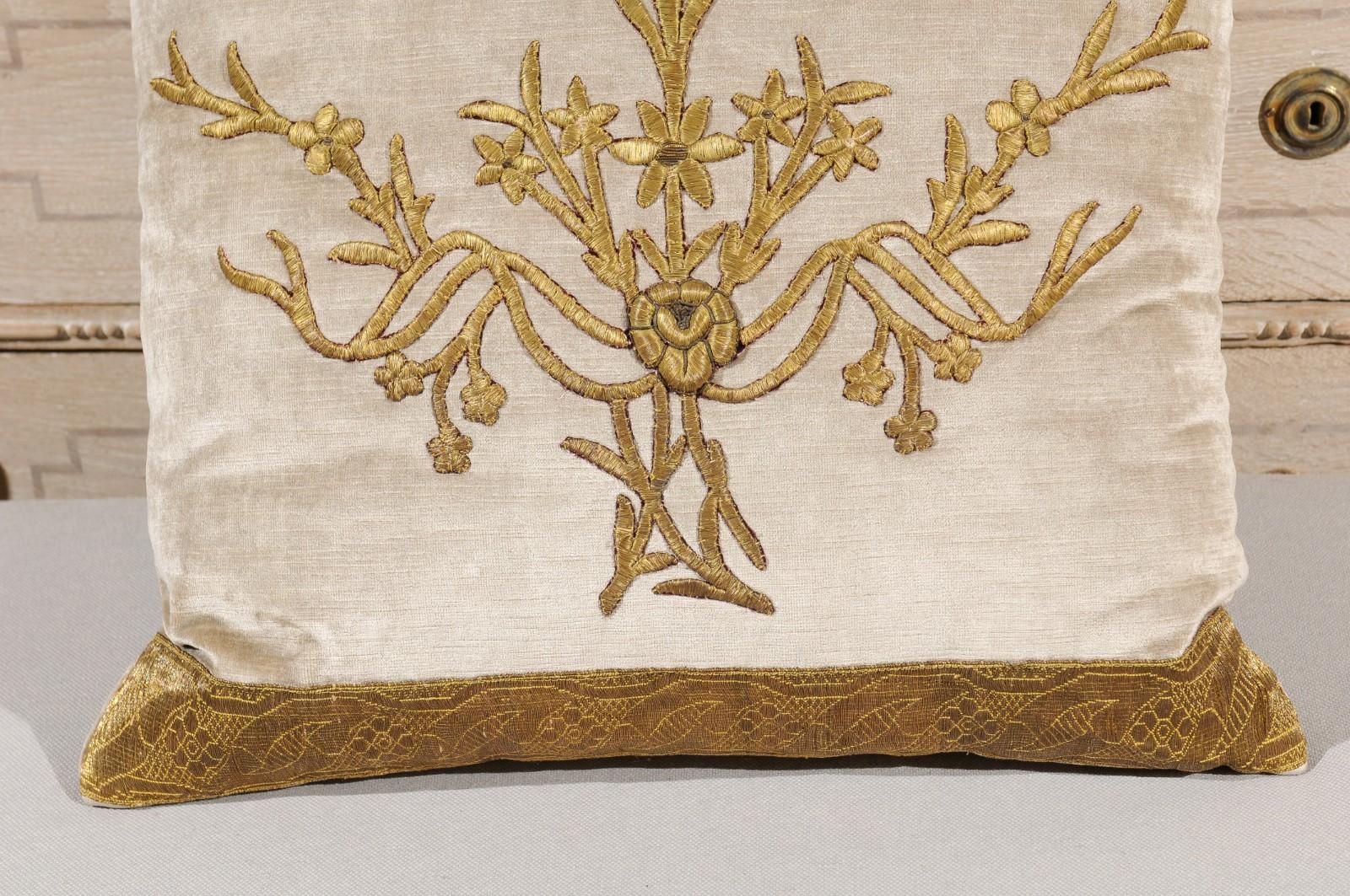 American Antique Ottoman Empire Raised Gold Metallic Embroidery on Silver Velvet Pillows For Sale