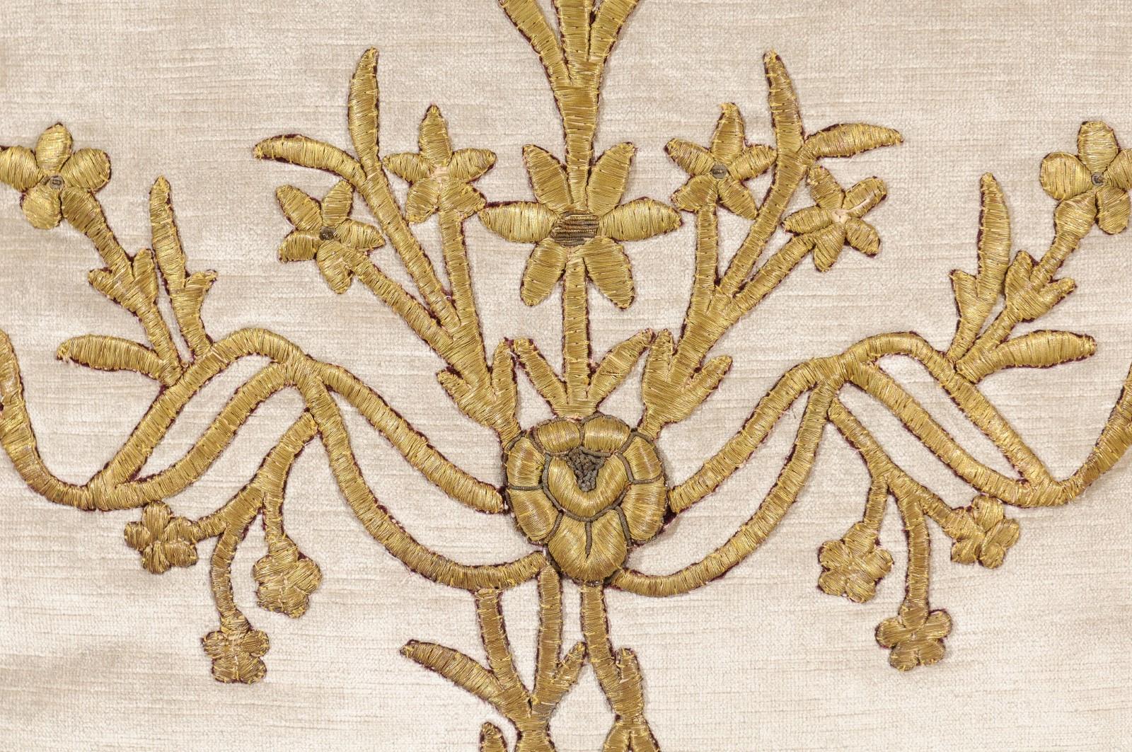 Contemporary Antique Ottoman Empire Raised Gold Metallic Embroidery on Silver Velvet Pillows For Sale