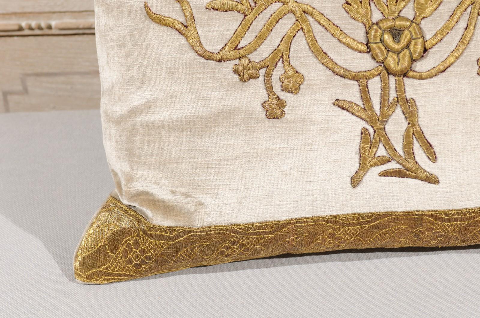 Antique Ottoman Empire Raised Gold Metallic Embroidery on Silver Velvet Pillows For Sale 1