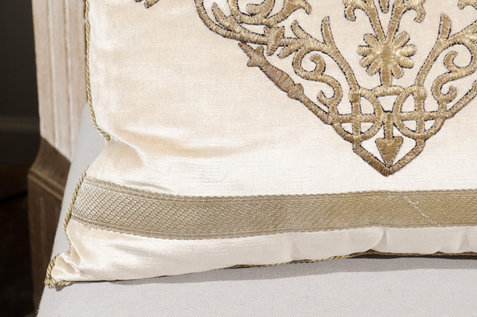 Antique Ottoman Empire Raised Silver Metallic Embroidery on Oyster Velvet Pillow 6