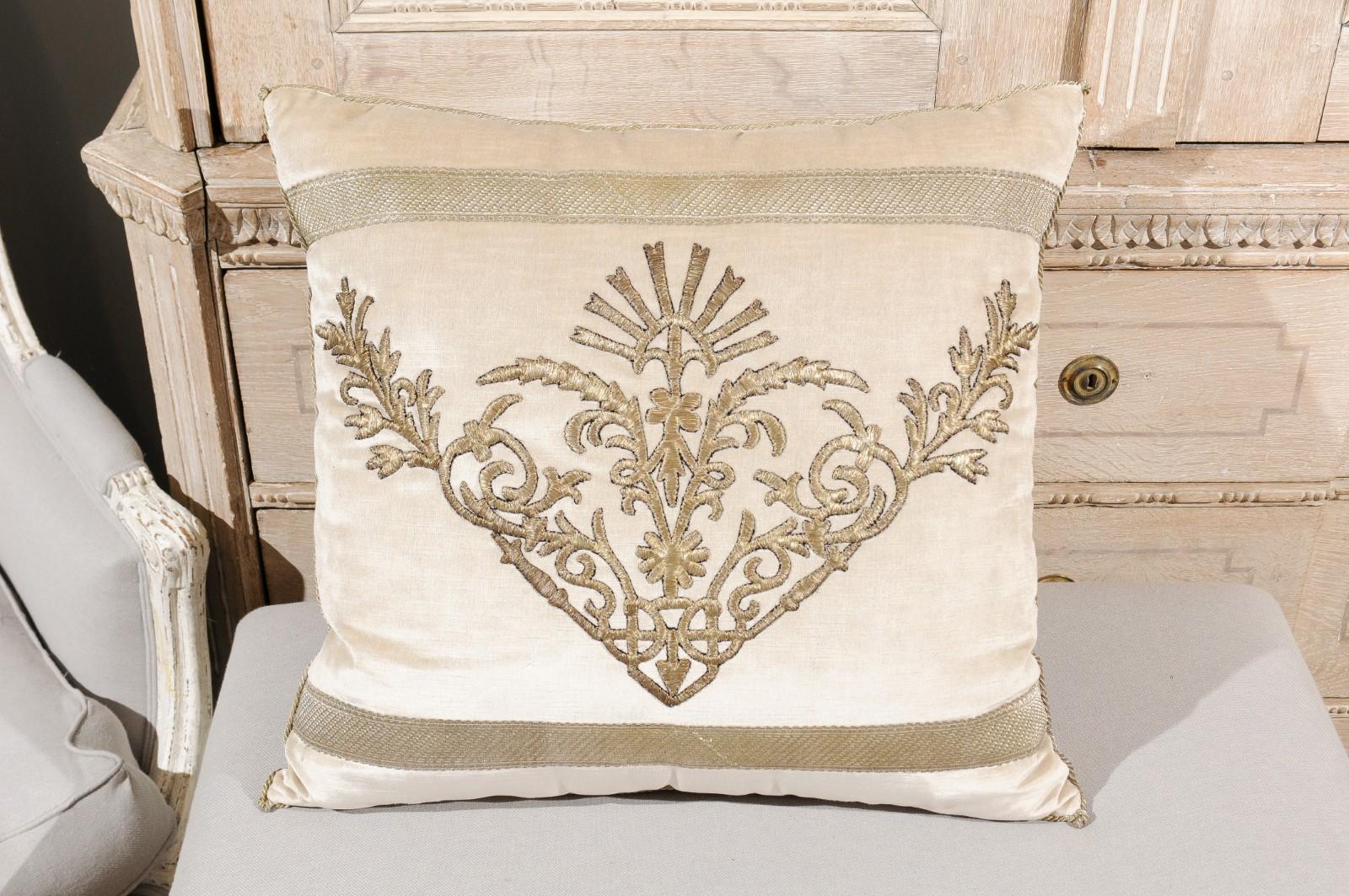 Antique Ottoman Empire Raised Silver Metallic Embroidery on Oyster Velvet Pillow 7