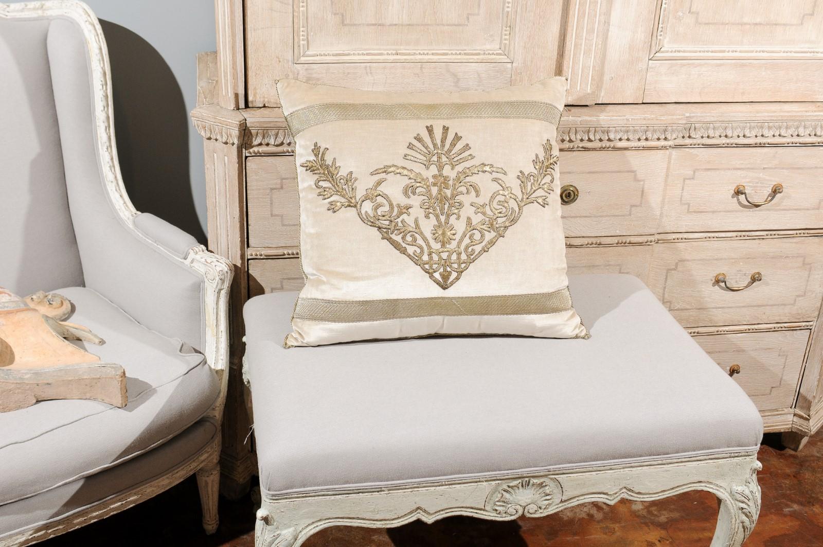 Antique Ottoman Empire Raised Silver Metallic Embroidery on Oyster Velvet Pillow 8