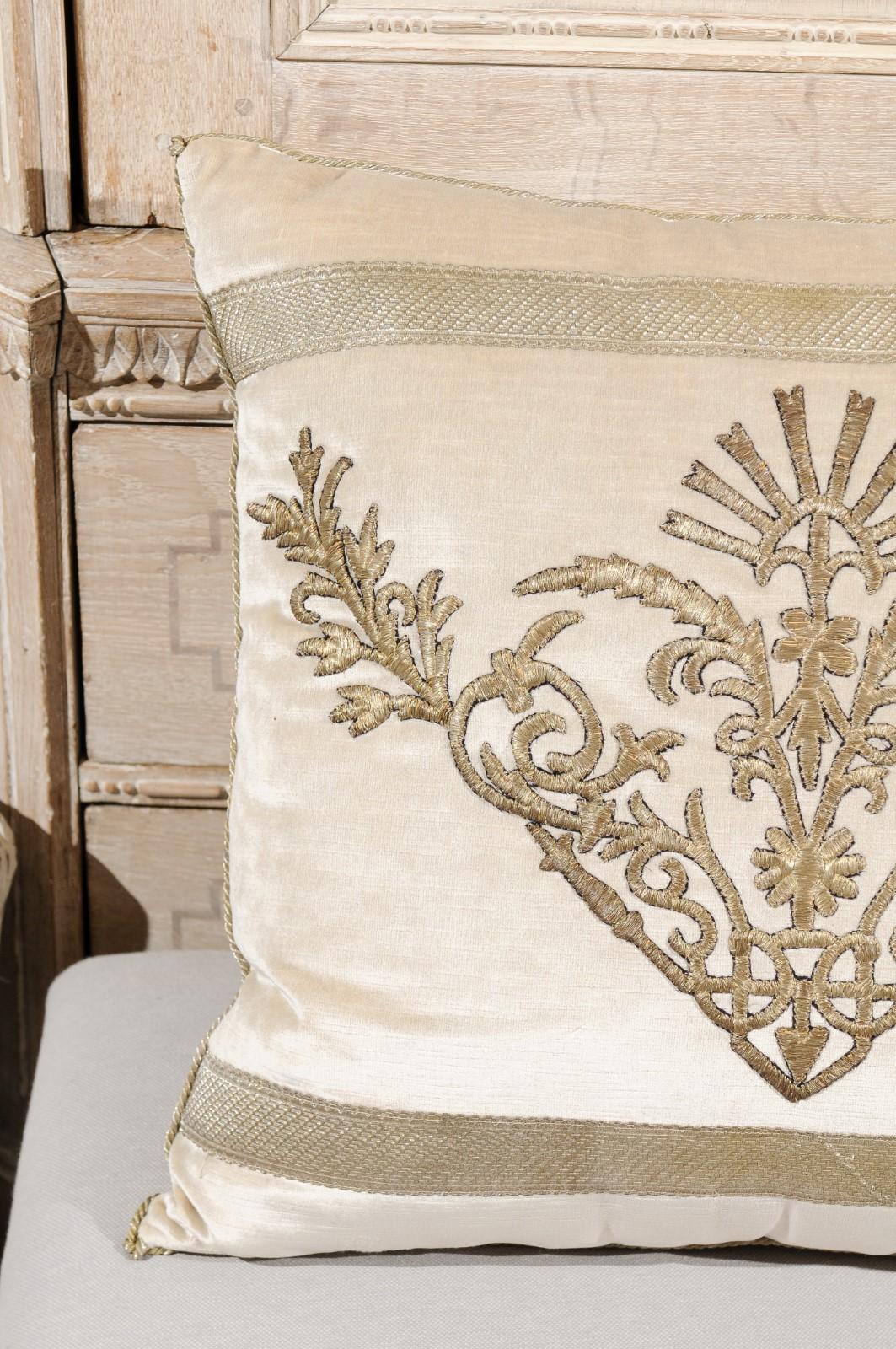 Antique Ottoman Empire Raised Silver Metallic Embroidery on Oyster Velvet Pillow 9