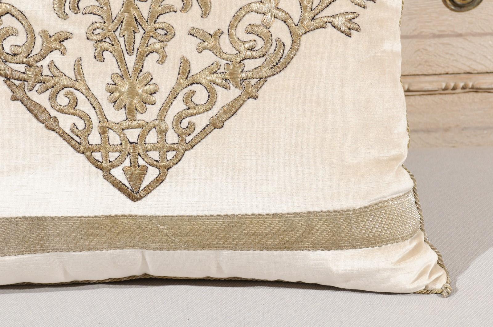 Antique Ottoman Empire Raised Silver Metallic Embroidery on Oyster Velvet Pillow In Good Condition In Atlanta, GA