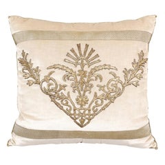 Antique Ottoman Empire Raised Silver Metallic Embroidery on Oyster Velvet Pillow