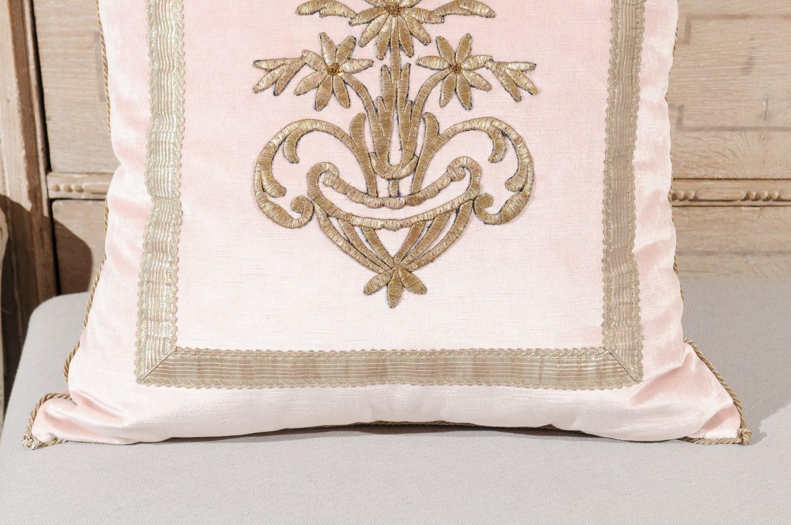 Antique Ottoman Empire Silver Metallic Embroidery on Blush Pink Velvet Pillow 4