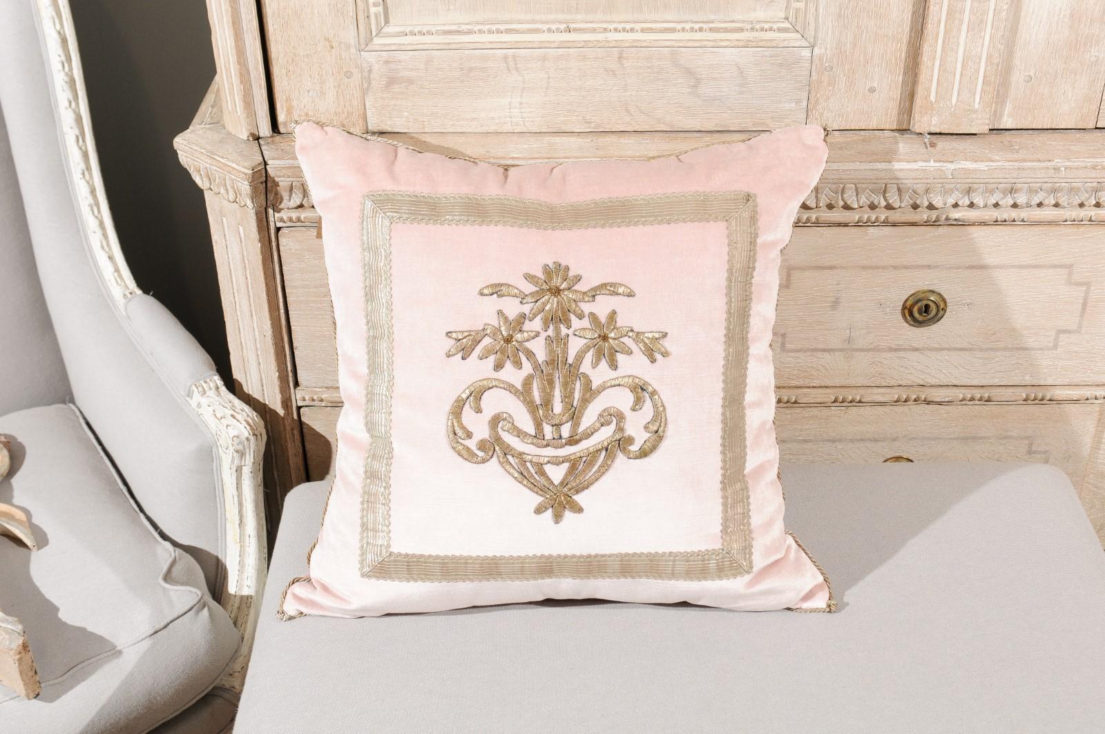 Antique Ottoman Empire Silver Metallic Embroidery on Blush Pink Velvet Pillow 3